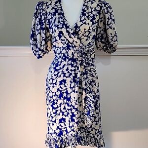 Vintage Puff Sleeve Floral Blue White Silk Dress Richard Warren Saks Fifth Ave